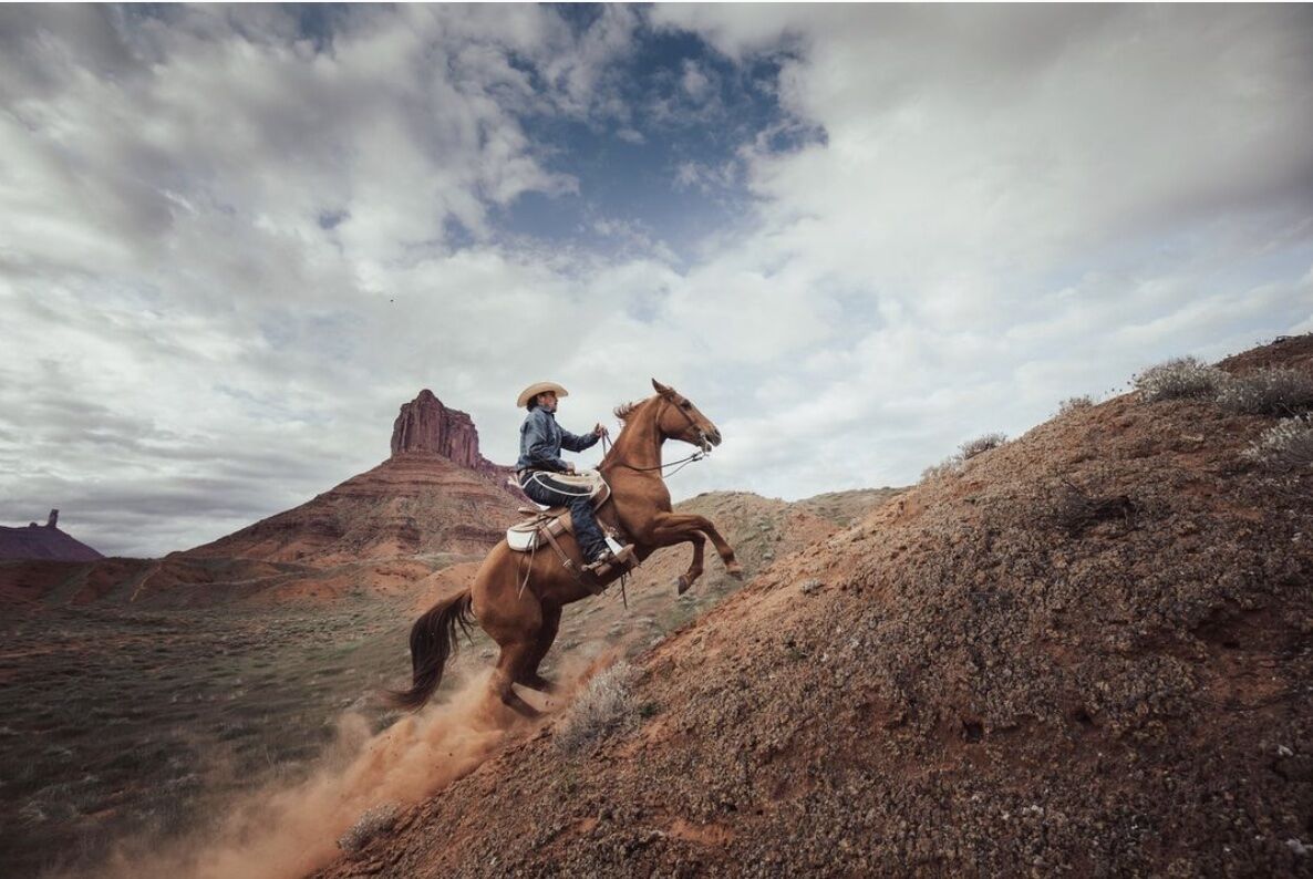 Cowboy riding a horse in the desert