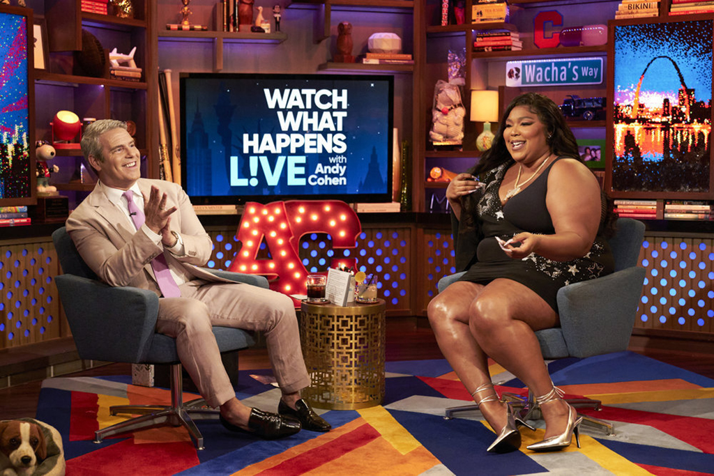 WATCH WHAT HAPPENS LIVE WITH ANDY COHEN -- Episode 19118 -- Pictured: (l-r) Andy Cohen, Lizzo -- (Photo by: Michael Greenberg/Bravo)