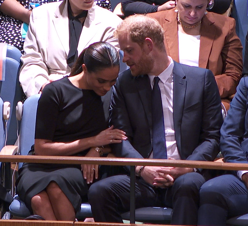 NEW YORK US  JULY 18 A screen grab taken from a video shows  Meghan Markle  and Prince Harry  attend UN General Assembly...