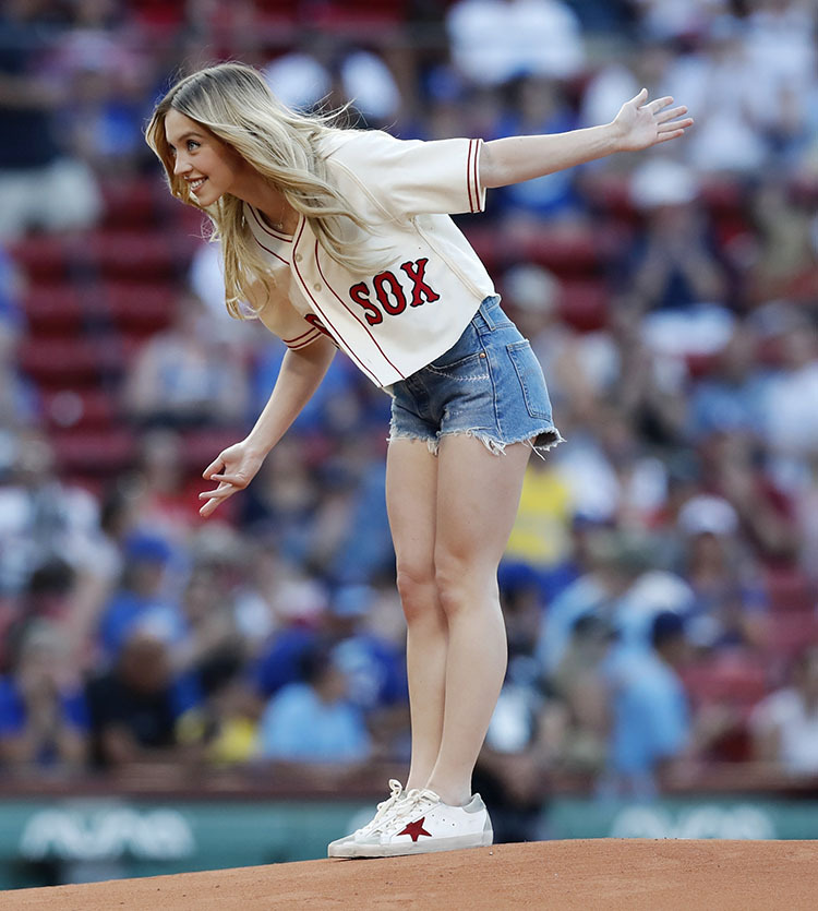 Sydney Sweeney throws a ceremonial first pitch ahead of a game between the Toronto Blue Jays and the Boston Red Sox on July 22, 2022 at Fenway Park in Boston, Massachusetts. 
