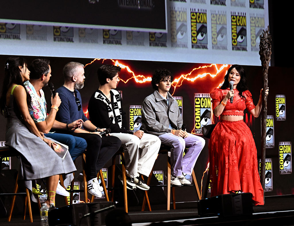 Tiffany Smith, Zachary Levi, David F. Sandberg, Asher Angel, Jack Dylan Grazer, and Lucy Liu speak onstage during the Shazam! Fury of the Gods Warner Bros. panel in Hall H at the 2022 Comic-Con International held at the San Diego Convention Center on July 23, 2022 in San Diego, California.