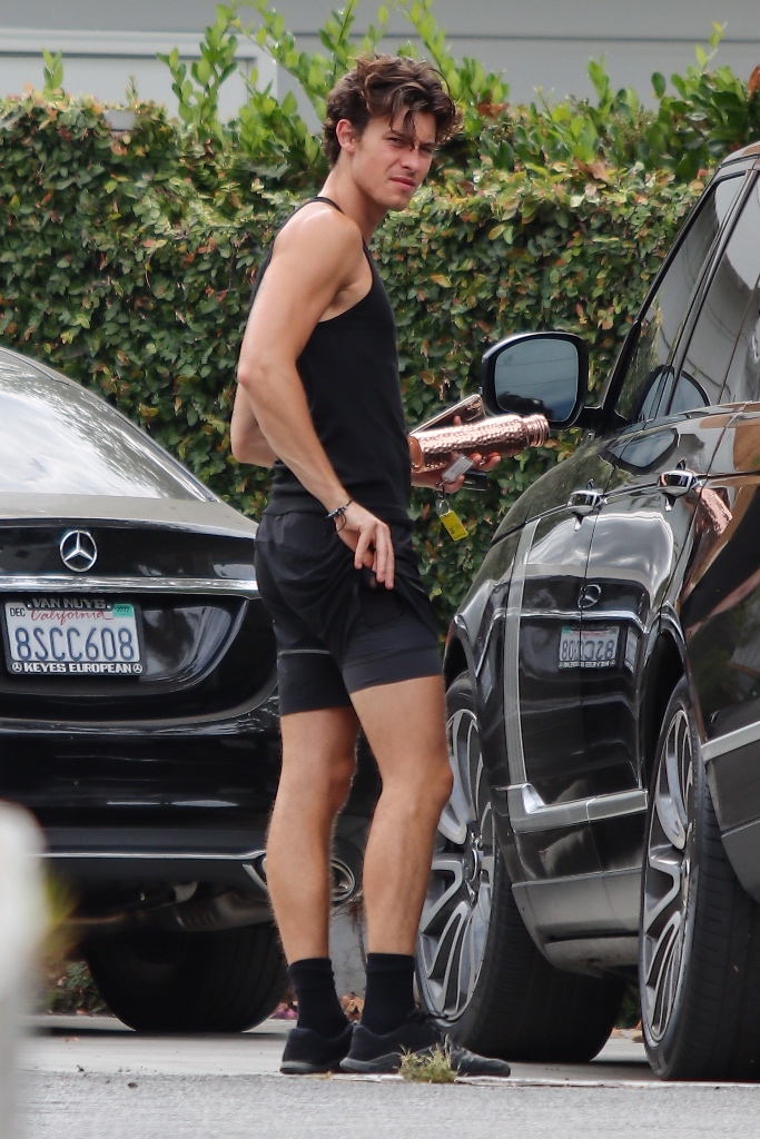 Shawn Mendes, gym, workout, sneakers, mesh sneakers, black sneakers, athletic sneakers, shorts, compression shorts, tank top, tank, summer style, gym style, Los Angeles