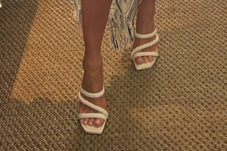 Kristin Cavallari's shoes on Instagram, jimmy choo white Diosa sandals with braided straps and square toes