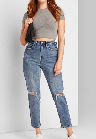 Super-High Rise Distressed Curvy Mom Taper Jeans