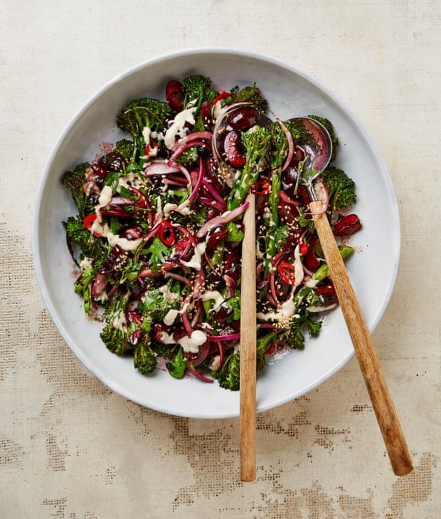Yotam Ottolenghi’s roasted Tenderstem broccoli with cherry and ancho ezme.