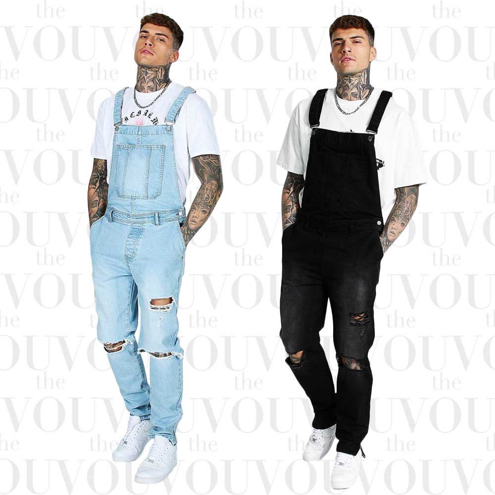 BoohooMan Tapered Stacked Knee Rip Long Overalls