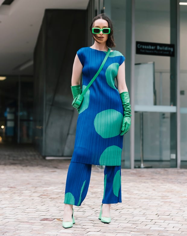 A Melbourne fashion festival attendee wears an outfit by local label Gorman in a style reminiscent of Issey Miyake’s designs. (Photo by Naomi Rahim/WireImage)