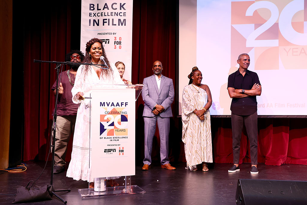 EDGARTOWN, MASSACHUSETTS - AUGUST 05: Michelle Obama speaks during the premiere of Netflix's Descendant during the Martha's Vineyard African-American Film Festival at MV Performing Arts Center on August 05, 2022 in Edgartown, Massachusetts. (Photo by Arturo Holmes/Getty Images for Netflix)