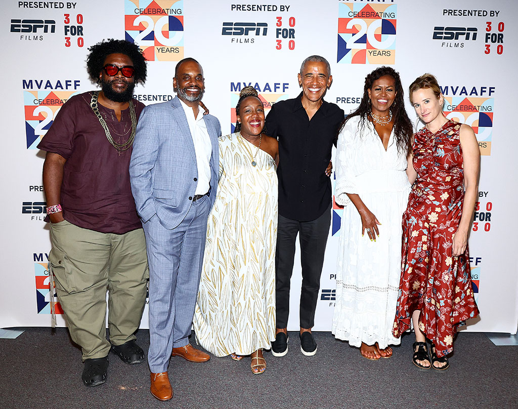 EDGARTOWN, MASSACHUSETTS - AUGUST 05: (L-R) Questlove, Floyd Rance, Stephanie T. Rance, Barack Obama, Michelle Obama, and Margaret Brown attend the premiere of Netflix's Descendant during the Martha's Vineyard African-American Film Festival at MV Performing Arts Center on August 05, 2022 in Edgartown, Massachusetts. (Photo by Arturo Holmes/Getty Images for Netflix)