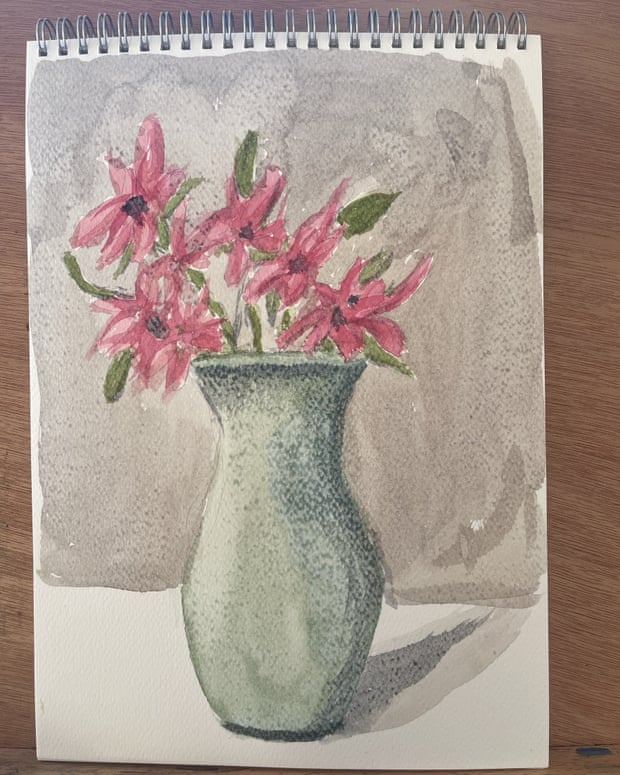 A watercolour still life of a vase of pink and purple flowers