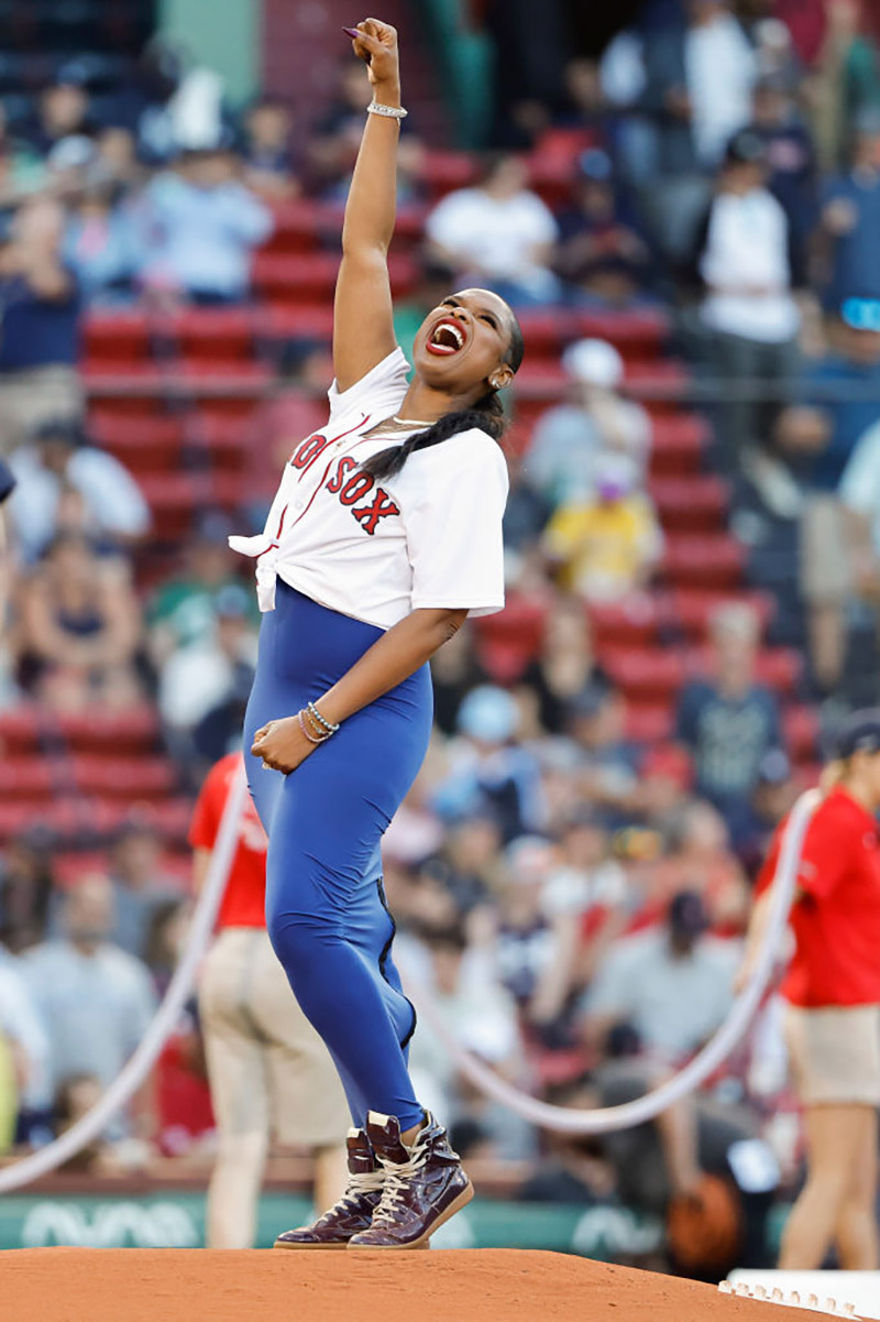 BOSTON, MA - AUGUST 12: Actress and singer Jennifer Hudson poses on the pitching mound before the game between the Boston Red Sox and the New York Yankees at Fenway Park on August 12, 2022 in Boston, Massachusetts. (Photo By Winslow Townson/Getty Images)