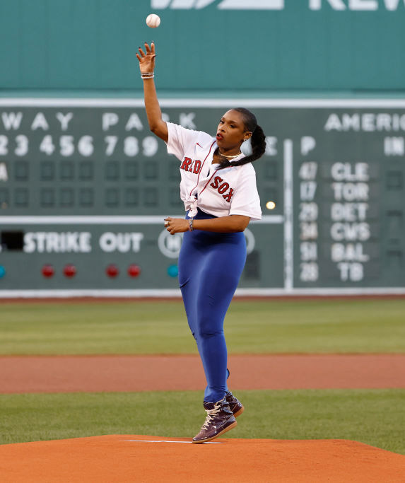 BOSTON, MA - AUGUST 12: Actress and singer Jennifer Hudson throws out the first pitch before the game between the Boston Red Sox and the New York Yankees at Fenway Park on August 12, 2022 in Boston, Massachusetts. (Photo By Winslow Townson/Getty Images)