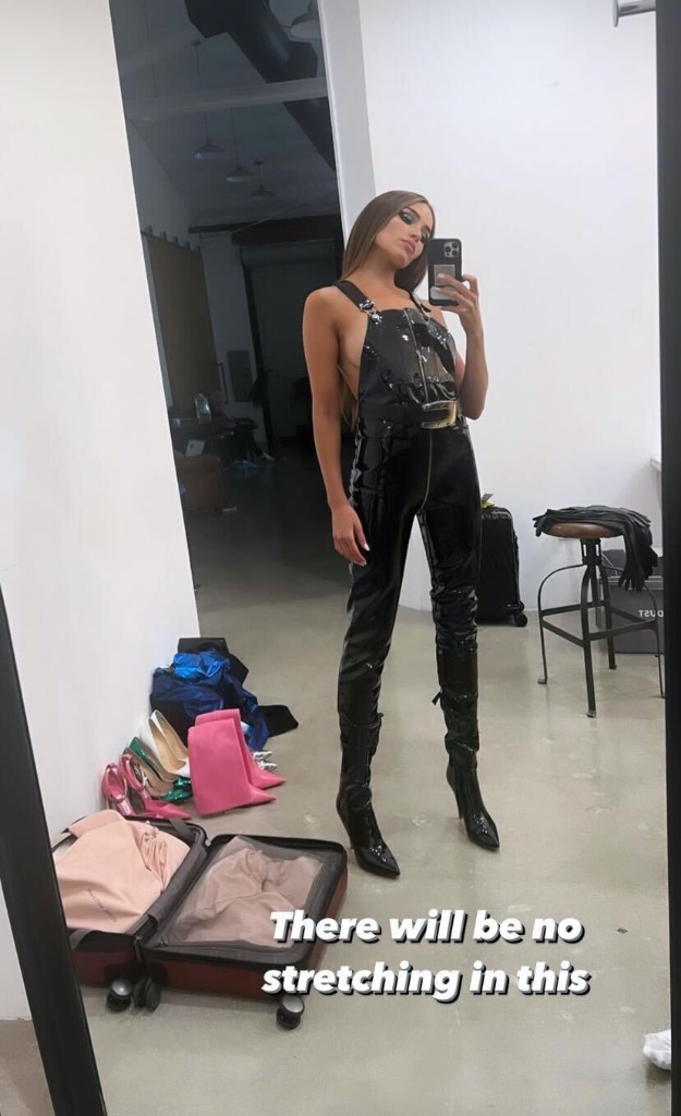 olivia culpo, instagram, modeling black leather overalls, boots