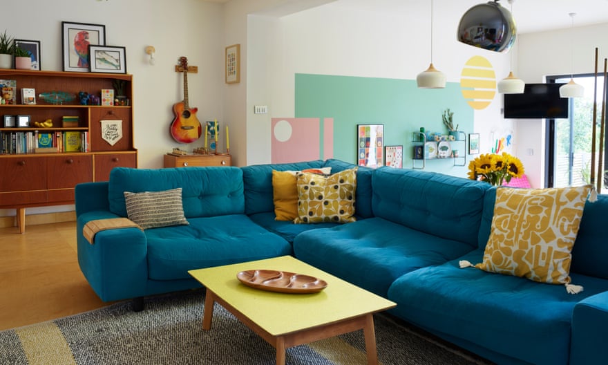 Teal sofa in the sitting room.