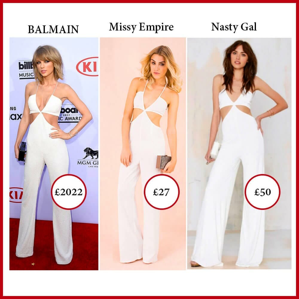 Fast Fashion brands stealing Balmain jumpsuit design worn by Taylor Swift on the Red Carpet