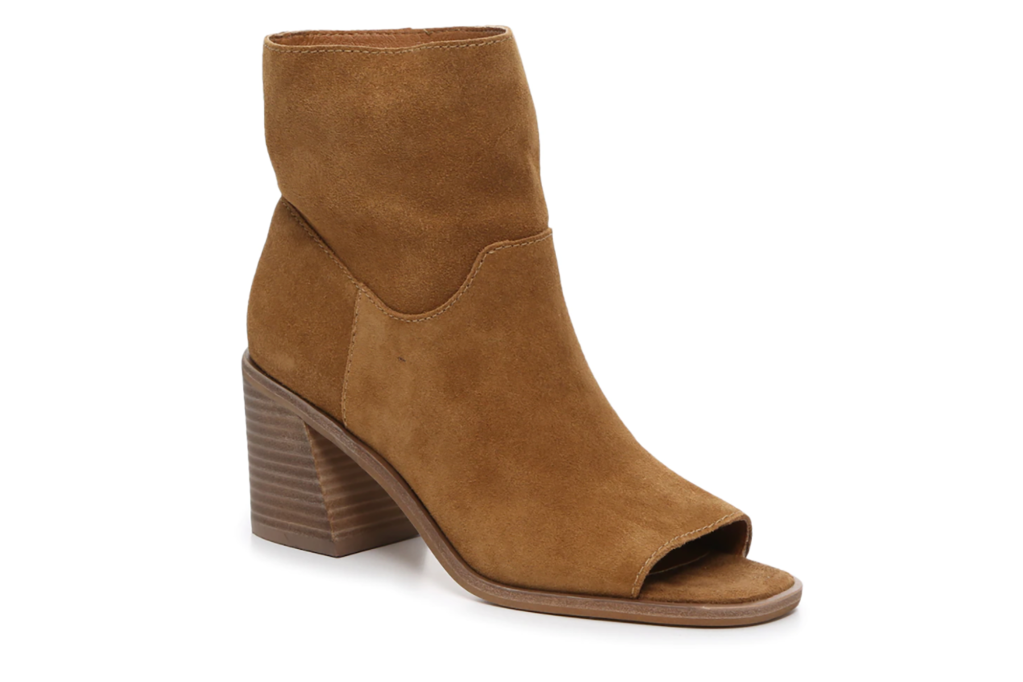 A brown suede bootie with an open toe 