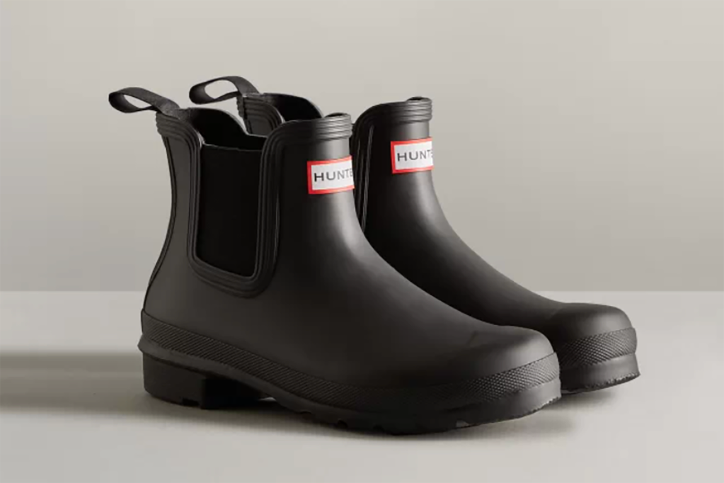 A pair of low black Hunter brand rain boots 