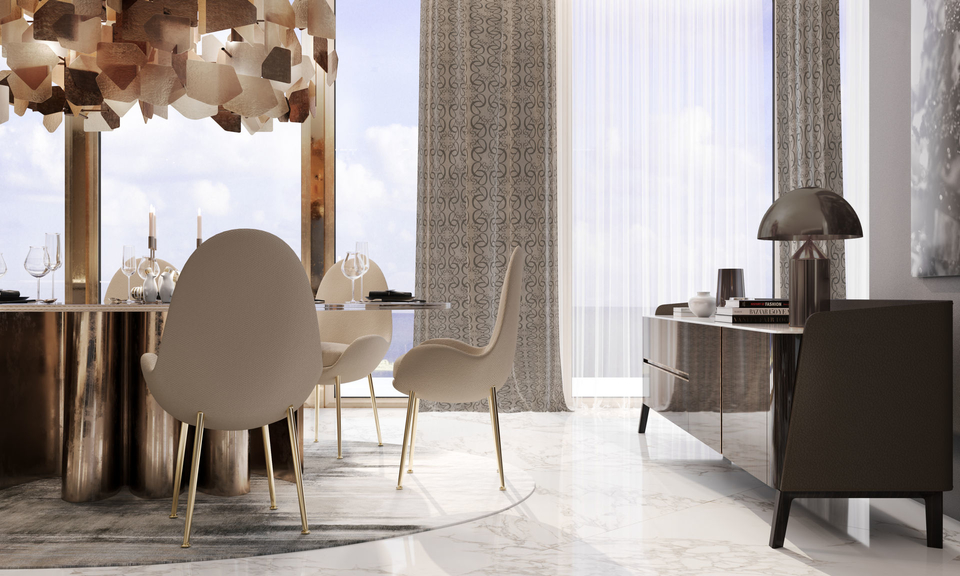 Dining room in the 4-bedroom penthouse at Grand Bleu Tower designed with the Elie Saab Maison furniture collection