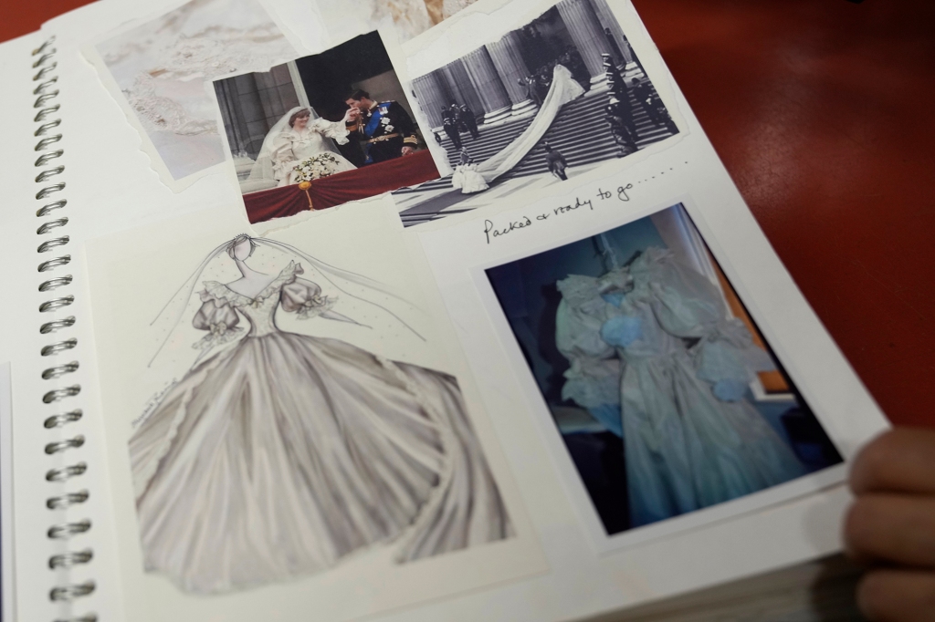 The dress design in a scrapbook kept by Elizabeth Emanuel seen at her studio in Maida Vale, London.