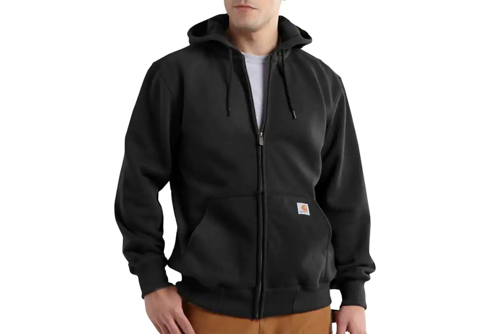 A man's torso in a black zip up hoodie 
