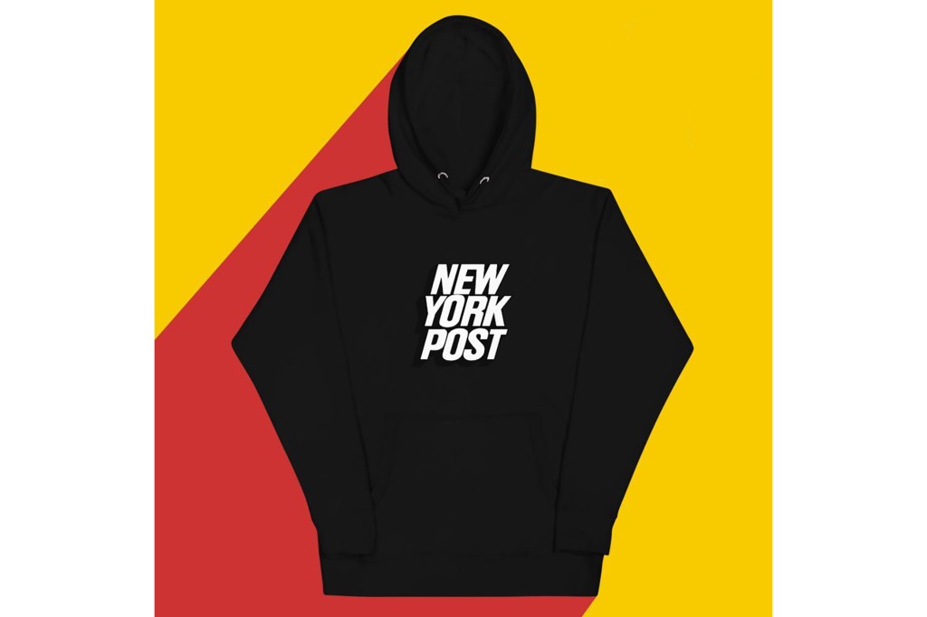 A New York Post hoodie with the logo in white on the chest on a yellow and red background 
