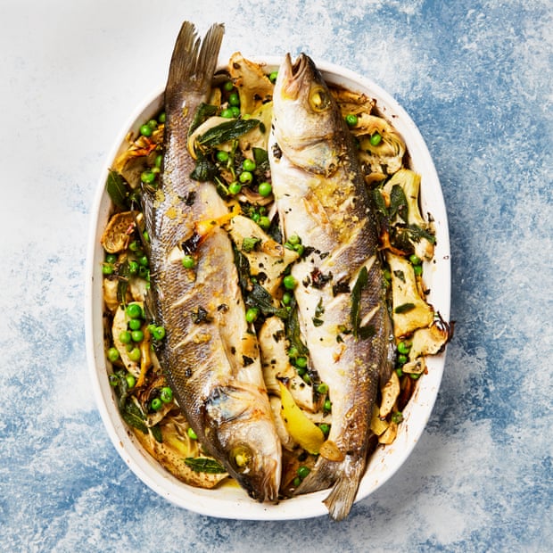 Baked sea bass done up with artichokes and peas.