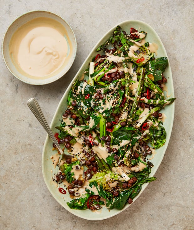Greens with fried black chickpeas and tahini soy dressing