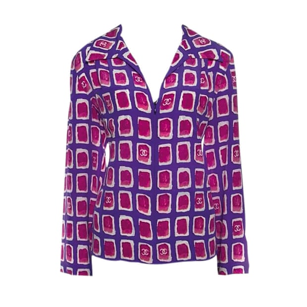 Purple and pink print shirt by Chanel from hurrcollective.com