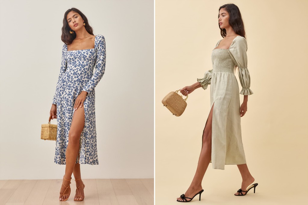 Two women in a side by side image, one in a long floral blue dress and one in a long taupe dress with puff sleeves 