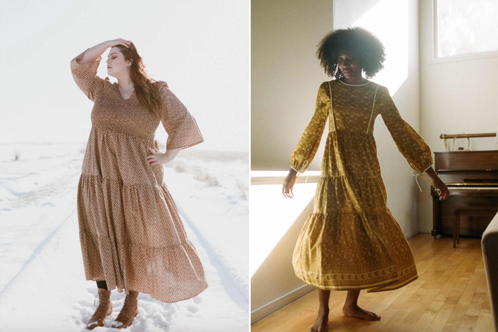 Two woman, one in the snow with a long flowy brown dress and one in a room twirling in a long golden dress