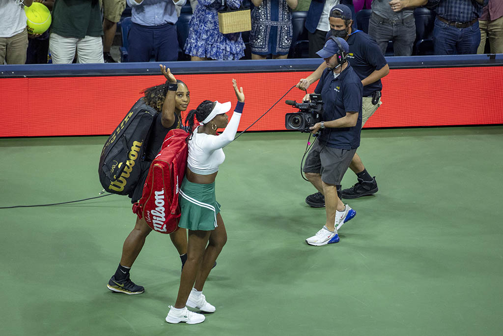 Serena Williams and Venus Williams of the United States at Arthur Ashe Stadium during their Women's Doubles match during the US Open Tennis Championship 2022 on September 1st 2022 in Flushing, Queens, New York City.
