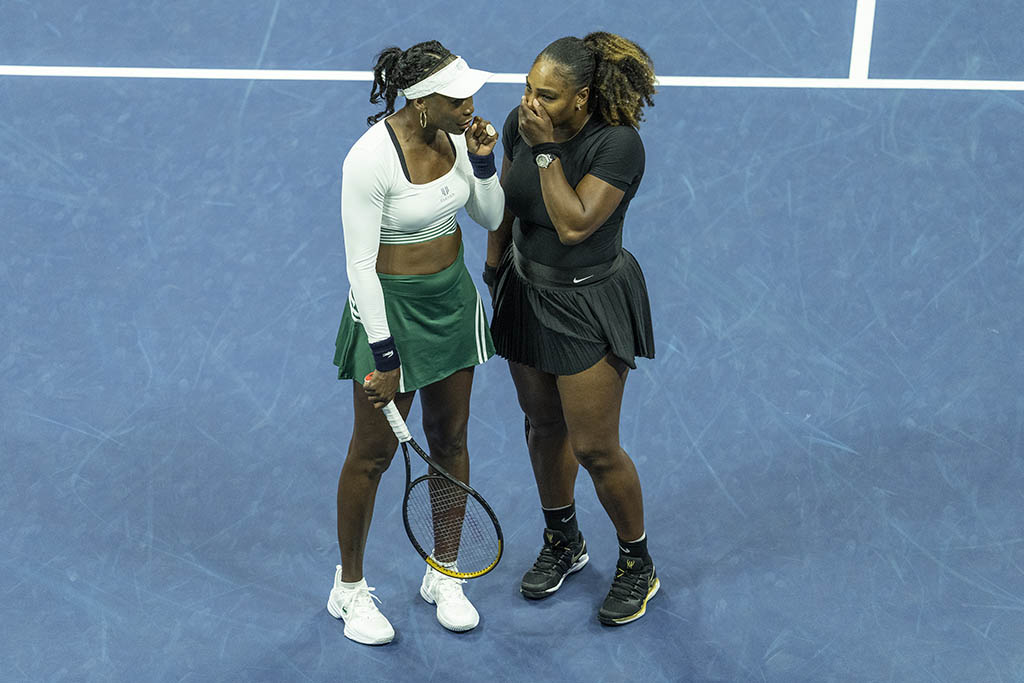 Serena Williams and Venus Williams of the United States at Arthur Ashe Stadium during their Women's Doubles match during the US Open Tennis Championship 2022 on September 1st 2022 in Flushing, Queens, New York City.