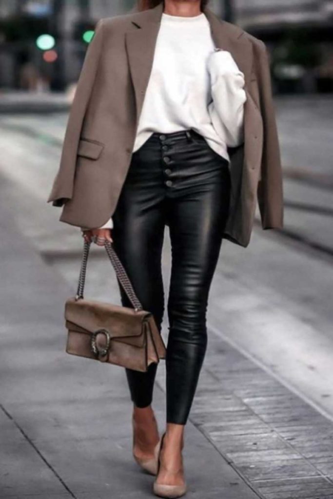 A High Waist Leather Pants With a Blazer and T-Shirt