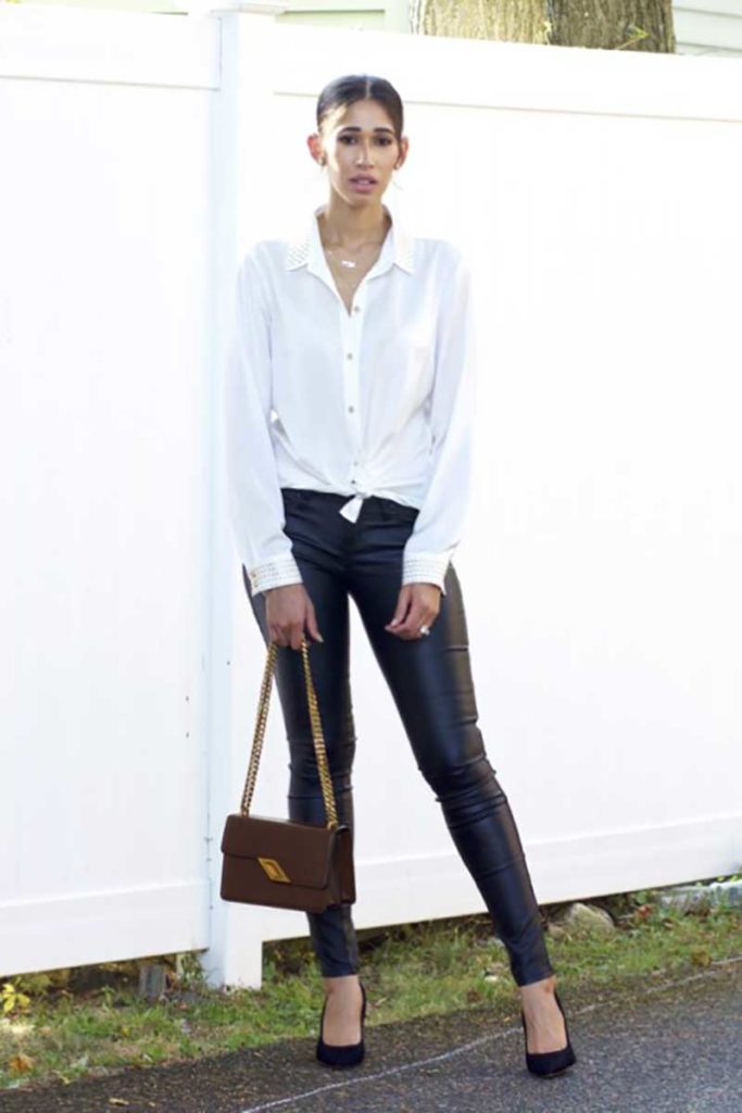 White Button-Down Shirt Along With Slim-Fit Leather Pants