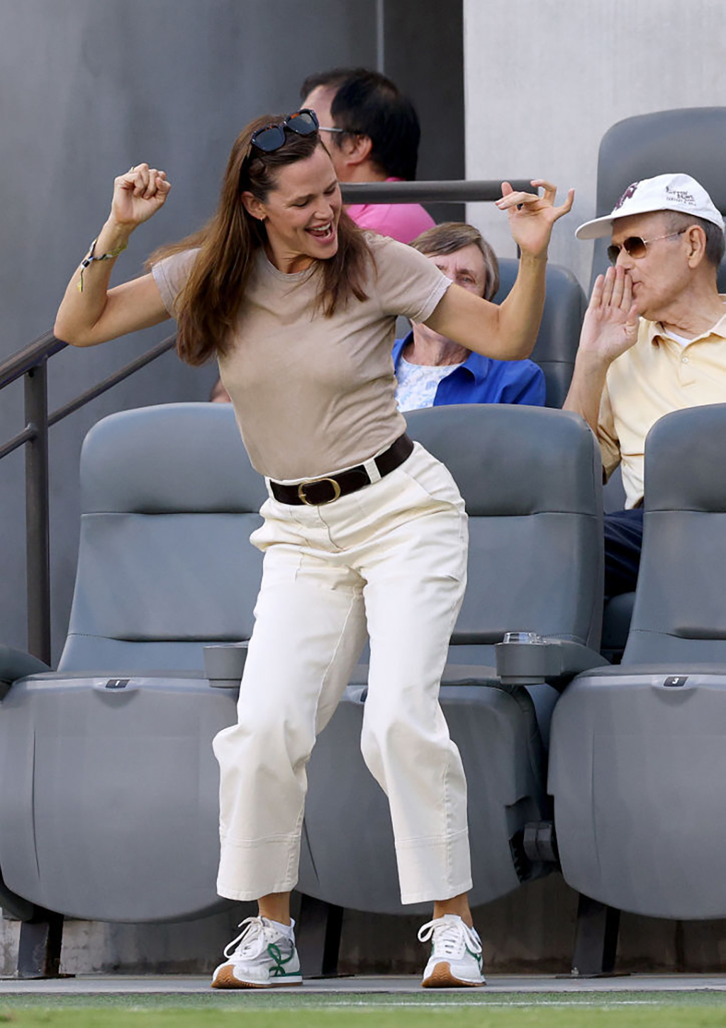 Jennifer Garner dances on the field during a 2-0 Angel City FC loss to Mexico during Copa Angelina 2022 at Banc of California Stadium on September 05, 2022 in Los Angeles, California.