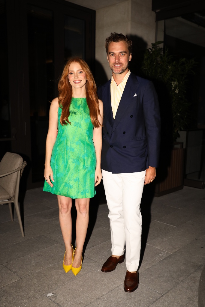 Jessica Chastain, Gian Luca Passi, aman essentials, nyfw, nyc, green dress, yellow pointed toe pumps