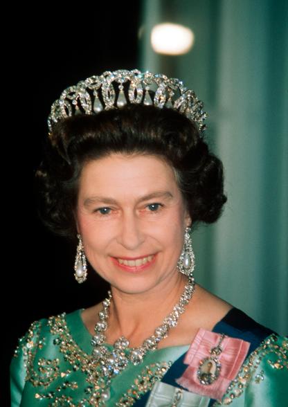 During a 1976 trip to the United States, Queen Elizabeth II wore the Grand Duchess Vladimir tiara, commissioned by its namesake in 1874 from the Romanov court jeweler. In 1918, the tiara was smuggled out of Russia. It found its way to the British Royal Family in 1909, when the duchess’ family sold it to Queen Mary, Queen Elizabeth II’s grandmother.