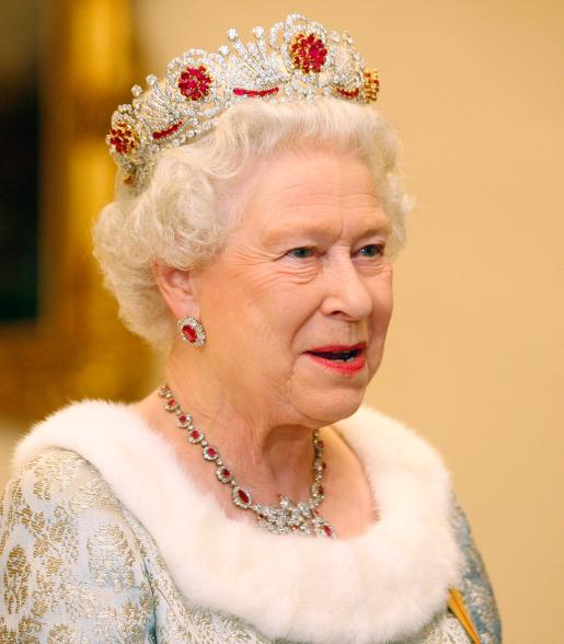 Queen Elizabeth II wore the Burmese Ruby tiara, which was commissioned in the 1970s, to a 2008 state dinner with the Slovenian President at Brdo Castle (in Predoslje, Slovenia). The queen often paired the tiara with a ruby necklace, which, on this occasion, she tucked beneath the neckline of her dress.