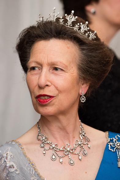 At a state dinner in 2017 — when the king and queen of Spain visited the United Kingdom — Princess Anne wore the Diamond Festoon tiara, a gift from Hong Kong-based the World-Wide Shipping Group. The company offered the princess the tiara after she christened one of its ships in 1973. She later loaned it to her daughter-in-law, Autumn Phillips, for her 2008 wedding to Princess Anne's son, Peter Phillips.