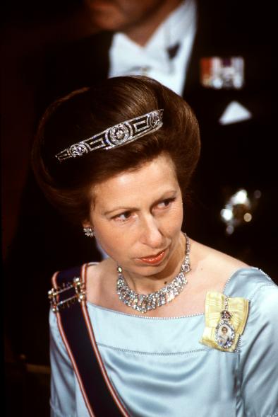 The Greek key design of the Meander tiara Princess Anne wore to a 1988 banquet is indicative of its original owner — Prince Philip's mother, Princess Victoria Alice Elizabeth Julia Marie, who lived in Greece until the Royal Family's exile in 1917.