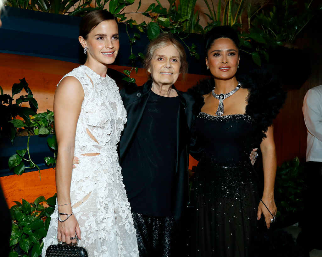 NEW YORK, NEW YORK - SEPTEMBER 15: (L-R) Emma Watson, Gloria Steinem and Salma Hayek Pinault attend as the Kering Foundation hosts first-ever Caring For Women Dinner on September 15, 2022 in New York City. (Photo by JP Yim/Getty Images for The Kering Foundation)