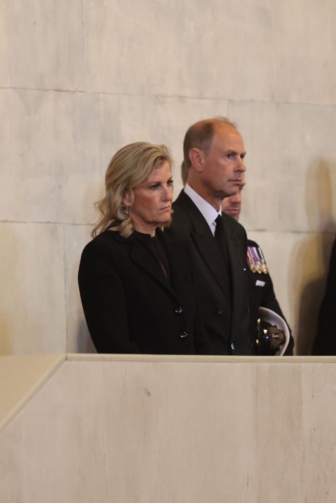 Sophie, Countess of Wessex and Prince Edward, Earl of Wessex arrive for a vigil in honour of Queen Elizabeth II at Westminster Hall on September 17, 2022 in London, England. 