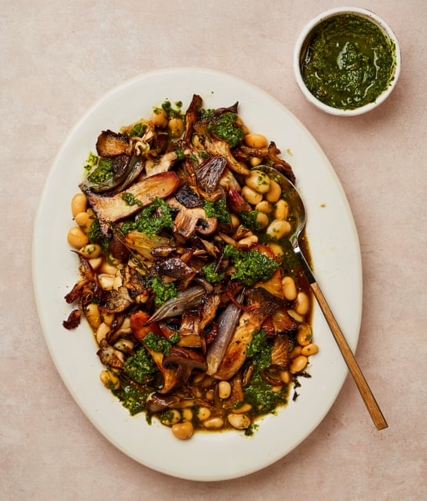 Yotam Ottolenghi’s brothy beans with roasted mushrooms and chive salsa.