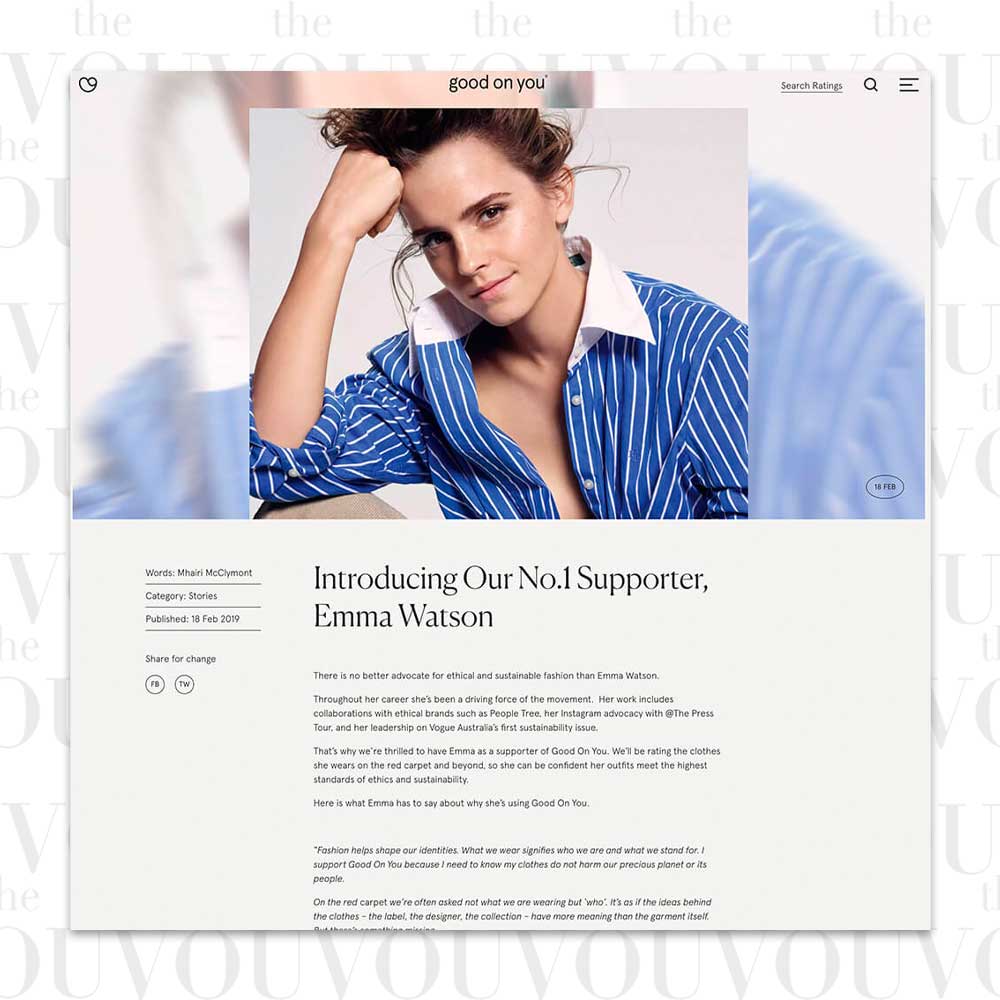Emma Watson supporting Good On You sustainable and ethical fashion scoring app