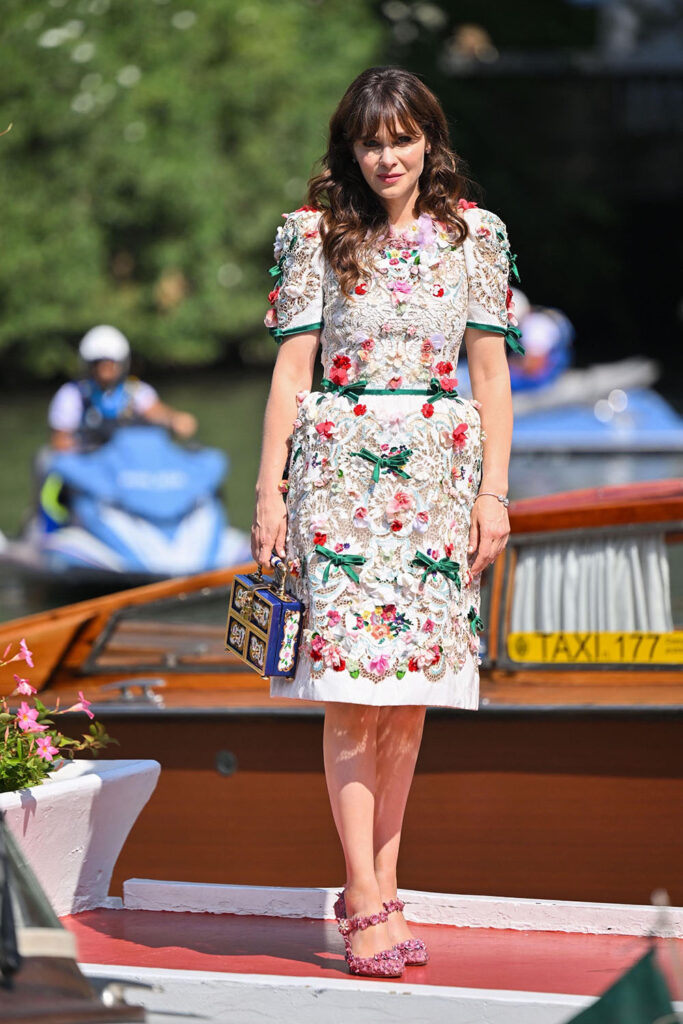 Zooey Deschanel Wore Dolce & Gabbana Alta Moda To The 'Dreamin' Wild' Venice Film Festival Photocall