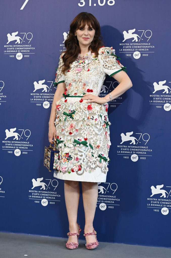 Zooey Deschanel Wore Dolce & Gabbana Alta Moda To The 'Dreamin' Wild' Venice Film Festival Photocall