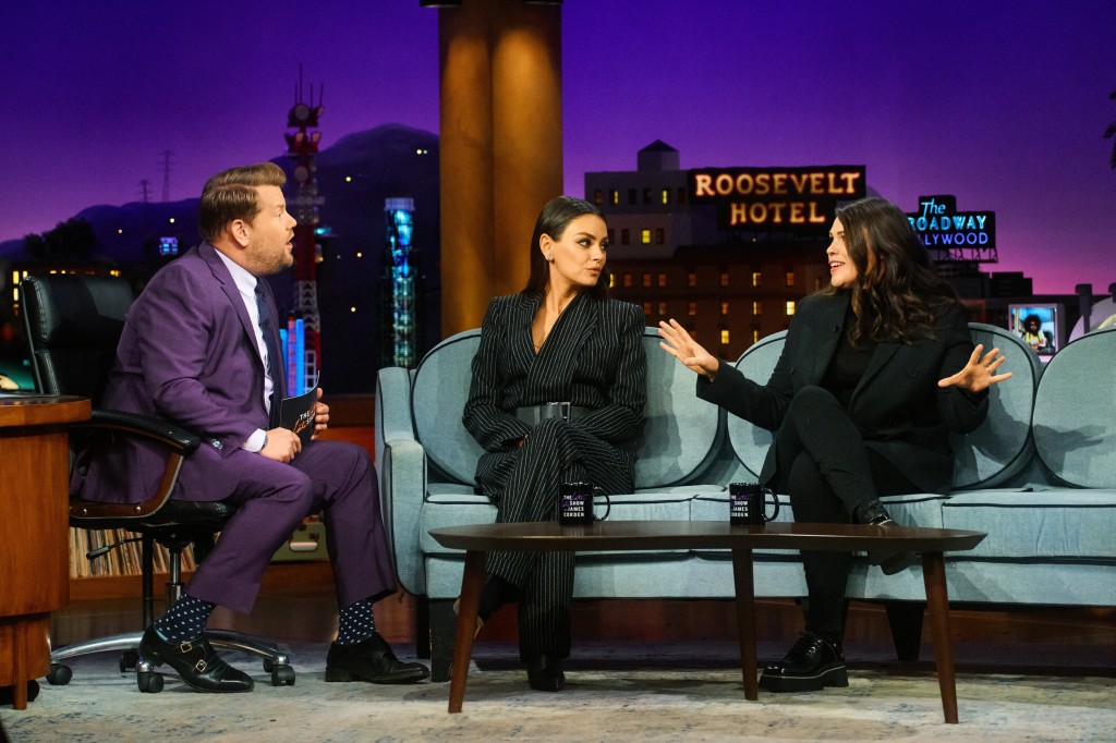The Late Late Show with James Corden airing Tuesday, October 4, 2022, with guests Mila Kunis, Clea Duvall, and the cast of Oklahoma! The National Tour. Photo: Terence Patrick ©2022 CBS Broadcasting, Inc. All Rights Reserved