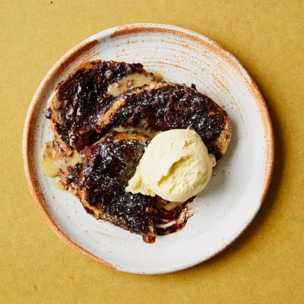 Max La Manna’s chocolate and nut bread and butter pudding.