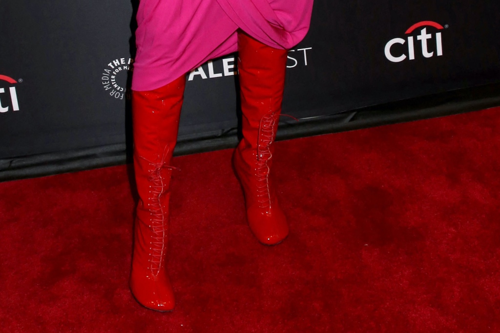 Cynthia Nixon, red boots, lace up boots, patent boots, leather boots, PaleyFest NY, The Gilded Age, red carpet, New York City, NYC