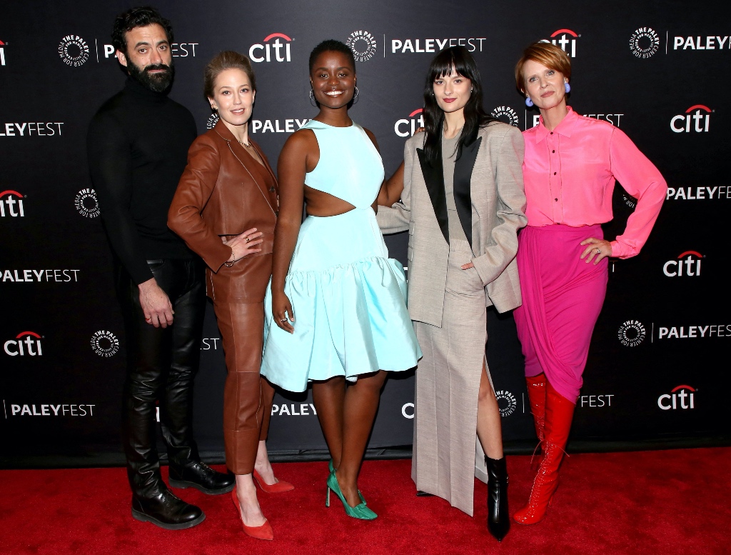 Morgan Spector, Carrie Coon, Denee Benton, Louisa Jacobson, Cynthia Nixon, red boots, lace up boots, patent boots, leather boots, PaleyFest NY, The Gilded Age, red carpet, New York City, NYC